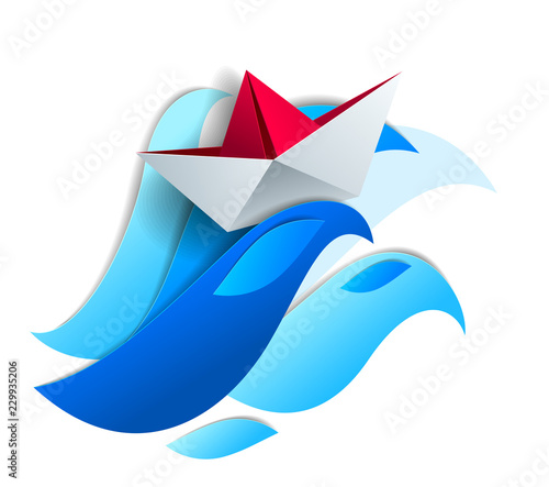 Origami paper ship toy swimming on huge ocean waves, dramatic vector illustration of stormy weather in the ocean with toy boat struggles to survive.