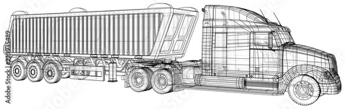Truck with trailer vector. Isolated on white. Vehicle mockup. Created illustration of 3d. Wire-frame.