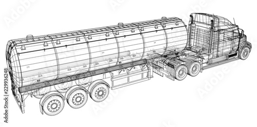Truck, Oil trailer. Gasoline tanker. Created illustration of 3d. Wire-frame
