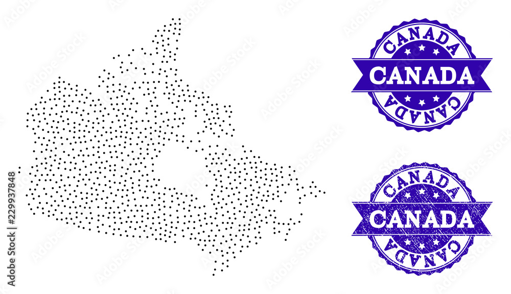 Dotted black map of Canada and blue corroded stamp. Vector map of ...