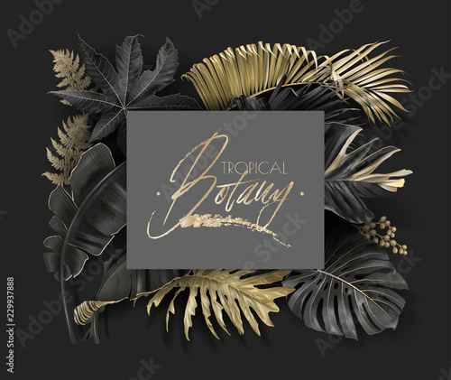 Vector frame with tropical leaves and gold splashes on dark background. Luxury exotic botanical design for cosmetics, spa, perfume, aroma, beauty salon. Best as wedding invitation card