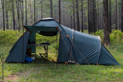 Camping Tent in summer forest in Siberia photo