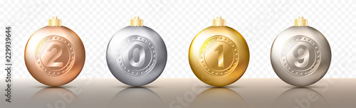 Four realistic Christmas transparent Baubles, spheres or balls in different shades of metallic gold and silver color with numbers 2019 and golden caps. Vector illustration eps10