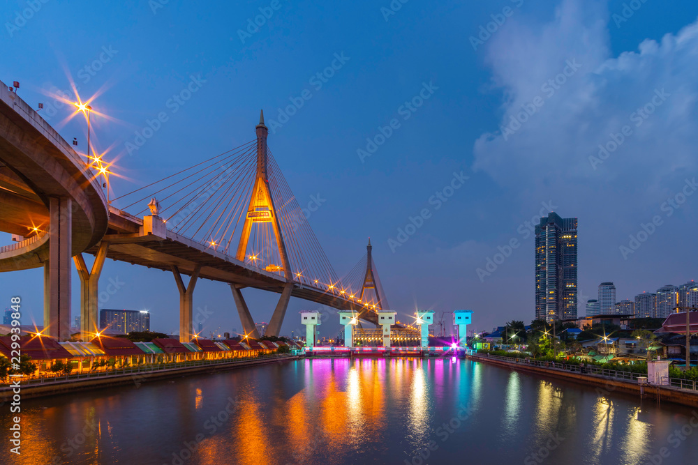 Bhumibol Bridge with sunset  in Bangkok Thailand