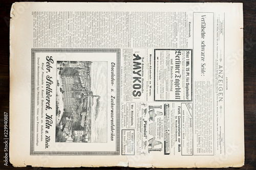 Top view of the old sheet with announcements from the book in 1891.