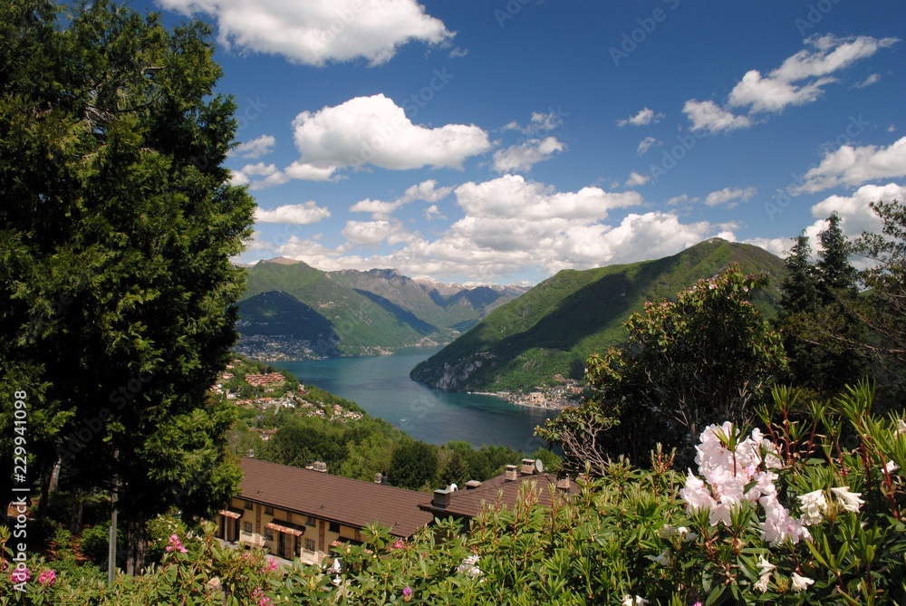 Scorcio del Lago di Lugano dal Parco San Grato in Svizzera