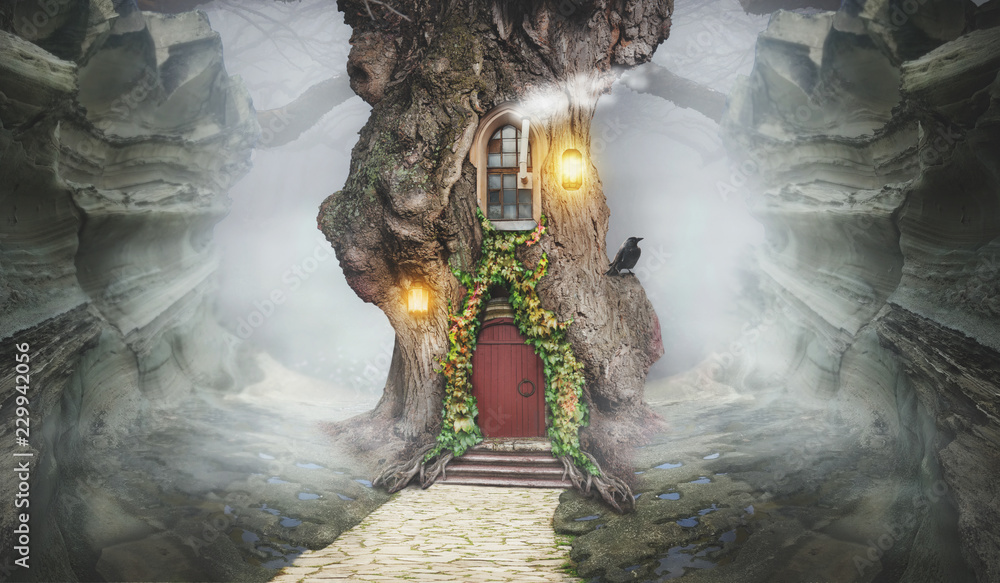 Fairy tree house in fantasy rocks - obrazy, fototapety, plakaty 