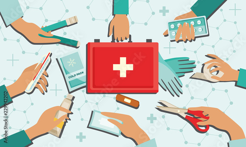 Medical kit set with necessary first aid equipment in human hands. Flat isolated vector illustration of medicine devices for emergency help - hospital rescue service concept.