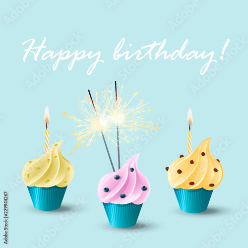 Vector set of cupcakes with different flavors and decoration, burning candles and bengal lights sparklers. Happy birthday concept