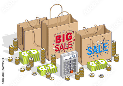 Big Sale concept, Retail, Sellout, Shopping Bag with cash money stacks and calculator isolated on white background. Vector 3d isometric business and finance illustration, thin line design.
