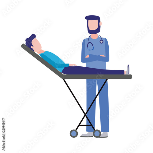 First aid, emergency and medical rescue concept with male nurse in medical uniform providing consultation and health examine. Vector man doctor helping injured man patient at gurney