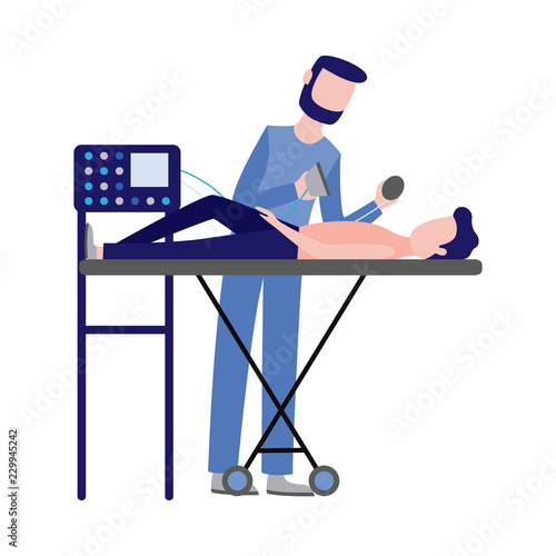 First aid, emergency and medical rescue concept with male nurse in medical uniform doing reanimation with defibrillator. Vector man doctor helping injured man patien to live