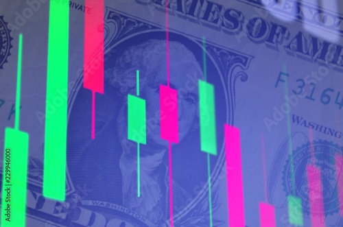 Financial chart on money background. Stock charts, Japanese candles, dollars