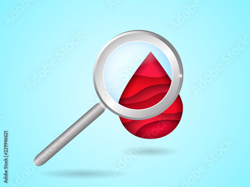 Magnifier with drop of blood with 3d paper cut effect. Blood test concept. Vector illustration