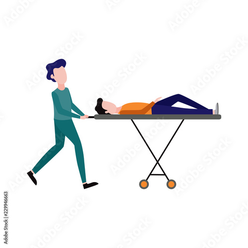First aid, emergency and medical rescue concept with female nurse in medical uniform pushing gurney with lying male. Vector women doctor helping injured man patient