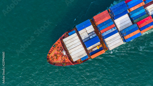 Aerial top view cargo vessel, Container vessel in export and import business and logistics