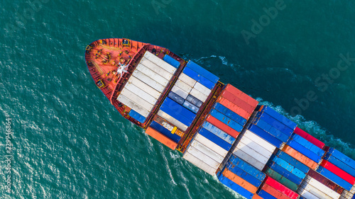 Aerial top view cargo vessel, Container vessel in export and import business and logistics