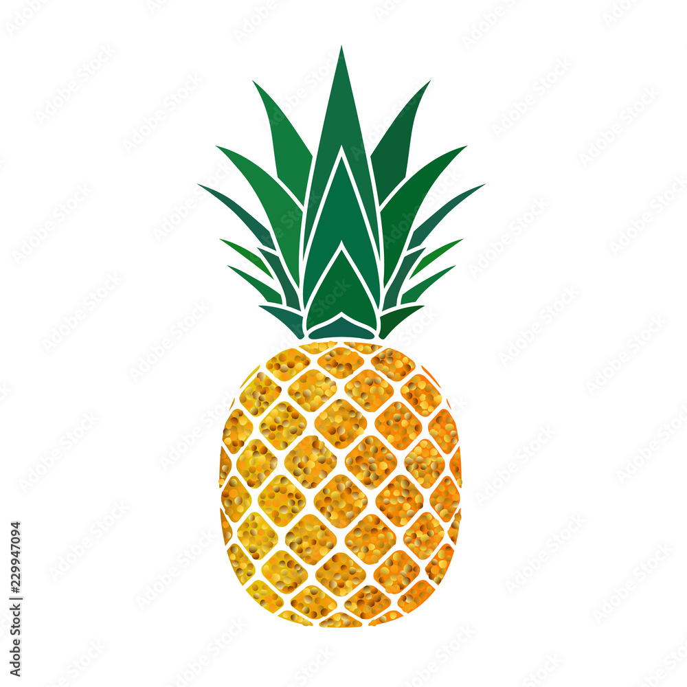 Pineapple golden with green leaf. Tropical gold exotic fruit isolated ...