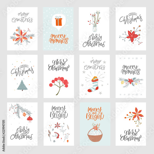 Collection cute Merry Christmas gift cards and set of elements