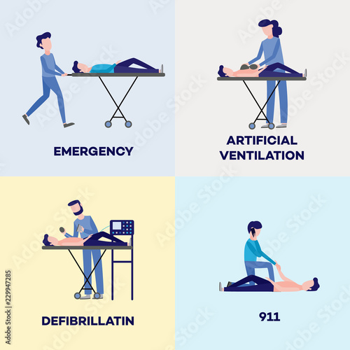 First aid, emergency and medical rescue scenes posters set. Male, female nurses and doctors doing defibrillation, artificial ventilation, calling 911 helping disabled people on wheelchair vector
