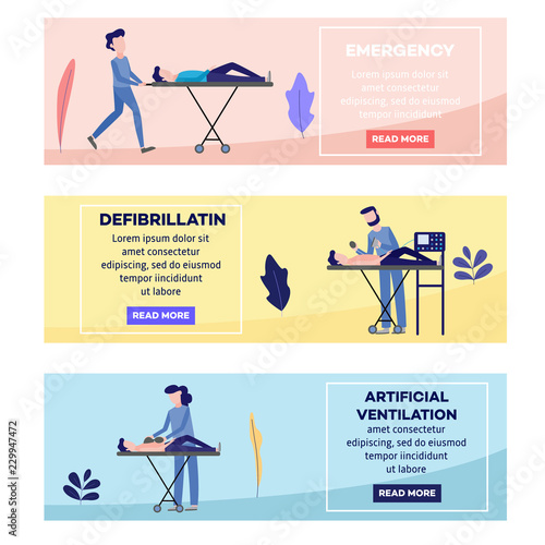 First aid, emergency and medical rescue scenes posters set. Male, female nurses and doctors doing defibrillation, artificial ventilation, helping disabled people on wheelchair vector illustration