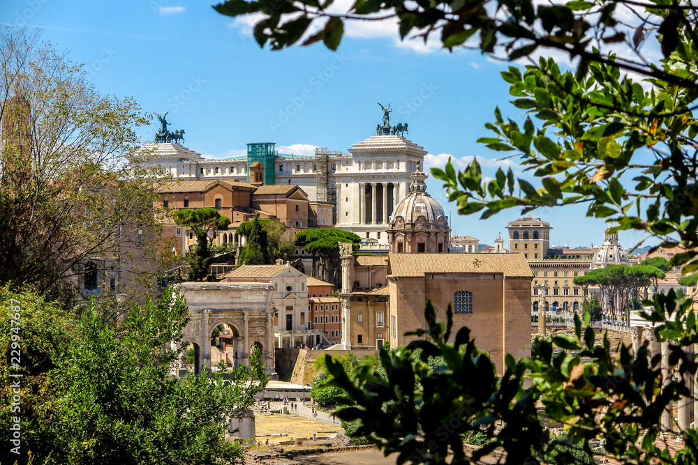 Roman forum with Central Museum of the Risorgimento in the background, seen from the Palatine, forum Romano, Rome, Italy.