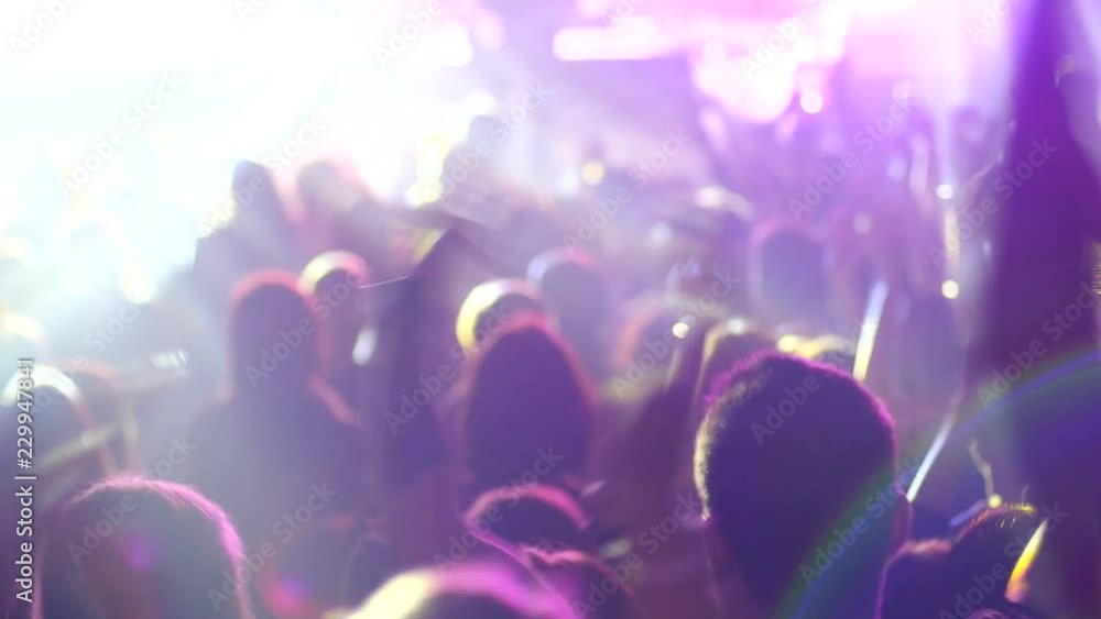 Audience crowd cheerfully applaud clapping hands in air at the concert lumiere