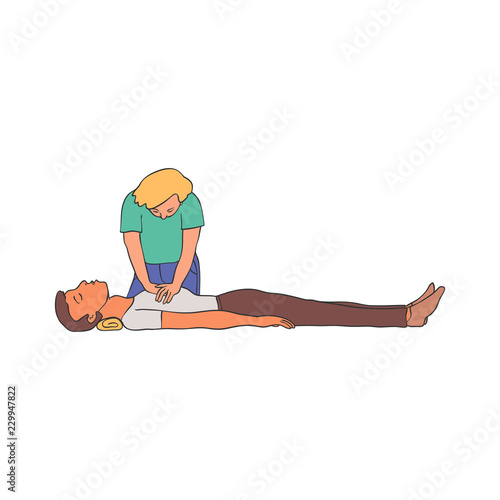 Cardiopulmonary resuscitation vector illustration - young woman doing chest compressions to man lying on floor. Isolated hand drawn emergency procedure of cardiac massage for first aid concept.