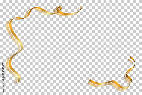 Gold ribbon frame. Golden serpentine design. Decorative streamer border, isolated transparent white background. Decoration for Christmas, carnival, holiday celebration, birthday. Vector illustration