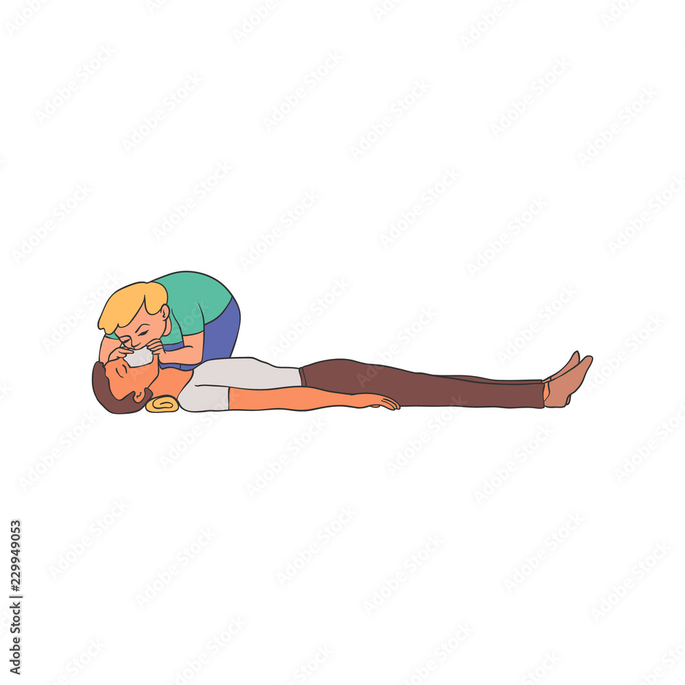 Artificial ventilation vector illustration - young woman stimulating respiration to man lying on floor with mouth-to-mouth resuscitation isolated on white background in sketch style. Artificial ventilation vector illustration - young woman stimulating respiration to man lying on floor with mouth-to-mouth resuscitation isolated on white background in sketch style.