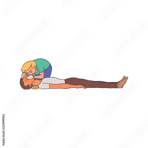Artificial ventilation vector illustration - young woman stimulating respiration to man lying on floor with mouth-to-mouth resuscitation isolated on white background in sketch style.