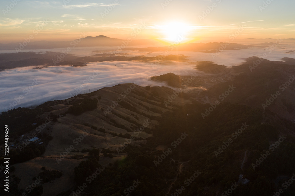 Aerial of Sunrise in Northern California and Marine Layer
