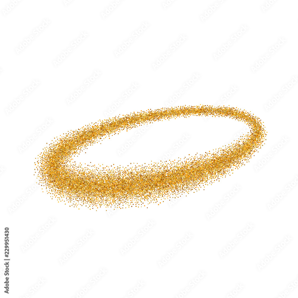 Obraz premium Złoty krąg. Lekki efekt brokatu. Złoty pierścionek, na białym tle. Magiczny element elipsy. Struktura folii. Dekoracja świąteczna połysk, okrągłe ramki, projekt powitania nowego roku. Ilustracji wektorowych