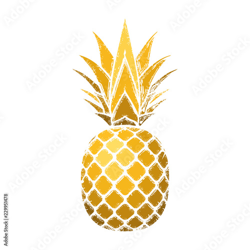 Pineapple grunge with leaf. Tropical gold exotic fruit isolated white background. Symbol of organic food, summer, vitamin, healthy. Nature logo. Design element silhouette icon. Vector illustration