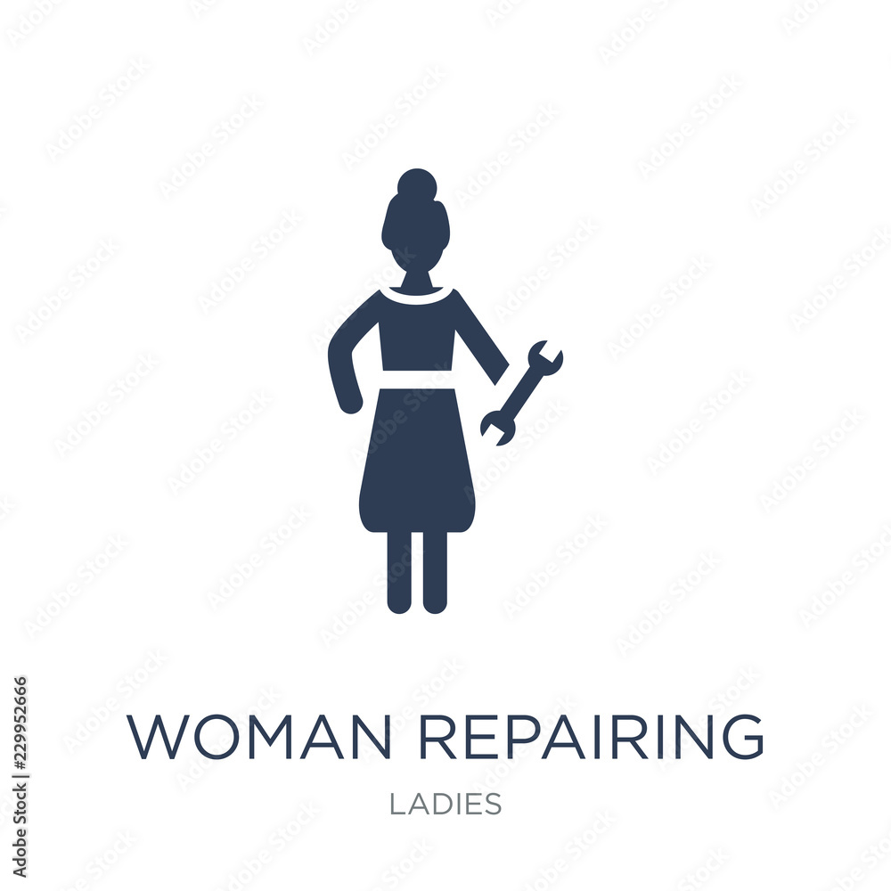 Woman Repairing icon. Trendy flat vector Woman Repairing icon on white background from Ladies collection Woman Repairing icon. Trendy flat vector Woman Repairing icon on white background from Ladies collection