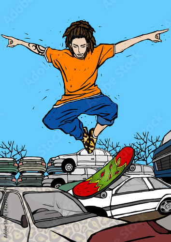 Man skateboarding over cars