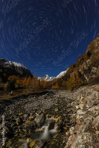 Stars Rotating Above Moonlit Koednitztal With Snowcapped Top Of Austria Grossglockner In Autumn By Night photo