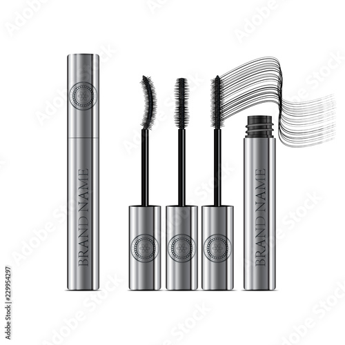 A mascara tube and a wand applicator. Cosmetic silver bottle with eyelash brush. Isolated on white background. Grunge swatch, black wavy brush stroke hand drawn. 3d realistic vector