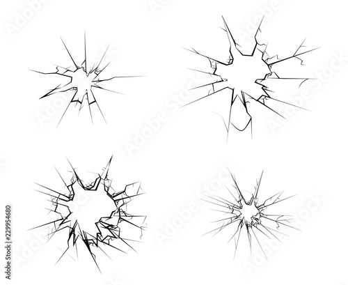 Fototapeta Naklejka Na Ścianę i Meble -  Broken glass hole cracks set isolated vector illustration