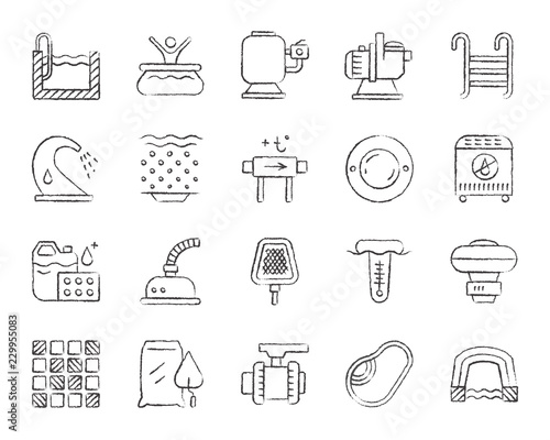 Pool Equipment charcoal draw line icons vector set