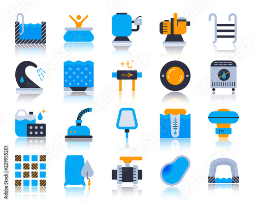 Pool Equipment simple flat color icons vector set