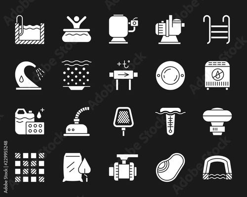 Pool equipment white silhouette icons vector set