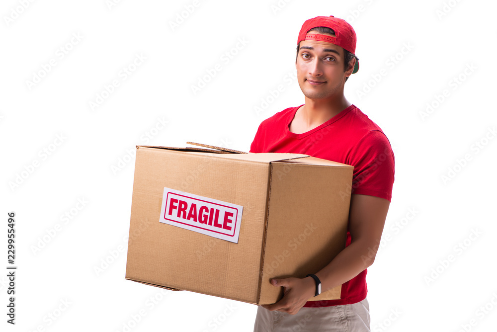 Handsome contractor holding fragile box isolated on white Handsome contractor holding fragile box isolated on white