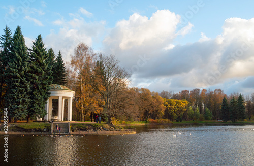Gazebo-rotunda on the banks of the Swan pond in the autumn. © amarinchenko106