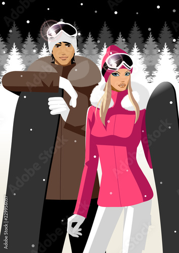 Couple holding snowboards