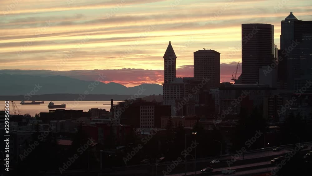 Seattle Waterfront Architecture Skyline Silhouette at Sunset Seattle Waterfront Architecture Skyline Silhouette at Sunset