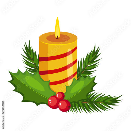 Christmas candle with fir sprigs and Holly greeting card