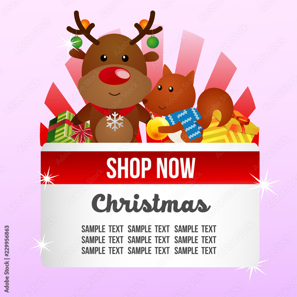 Fototapeta premium colorful christmas shop theme with reindeer and squirrel