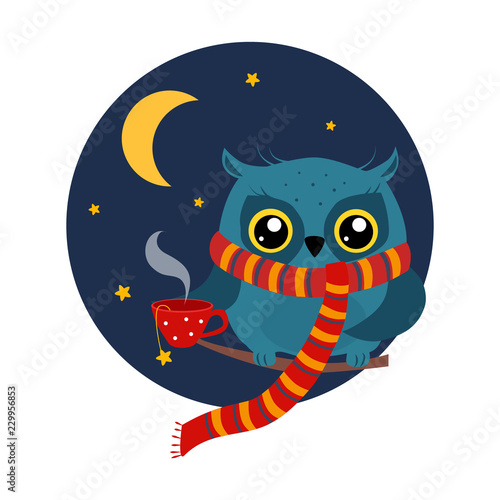 Owl with a Mug of Coffee on Branch. Vector Illustration