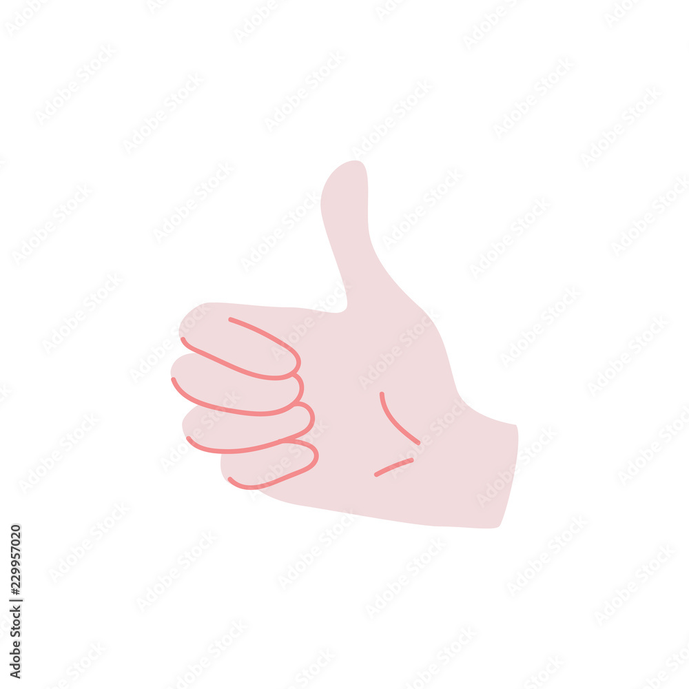 Like sign - human hand showing thumbs up gesture isolated on white background. Wrist with ok meaning - flat vector illustration of body part for success concept.